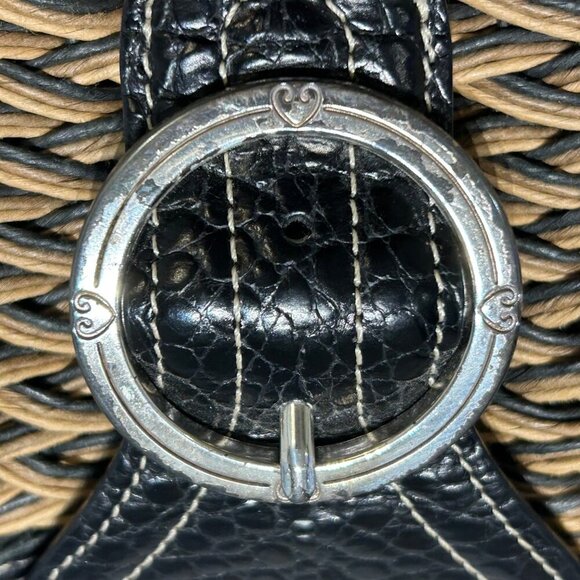 Brighton Debbie Black Tan Woven Leather Shoulder Bag Braided Handles Preppy - Picture 2 of 12